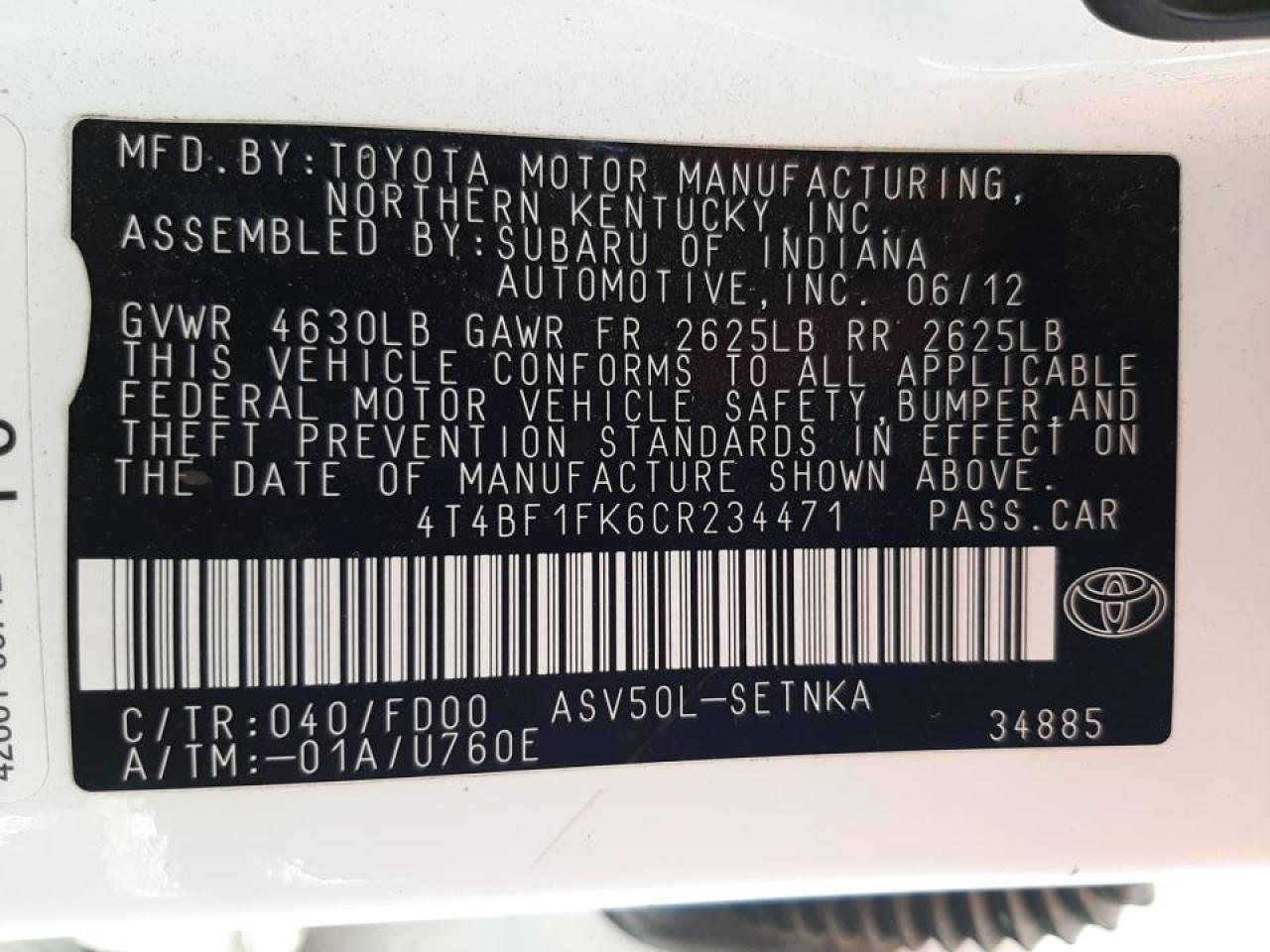 Photo 10 from auction – 2012 TOYOTA CAMRY BASE with VIN 4T4BF1FK6CR234471
