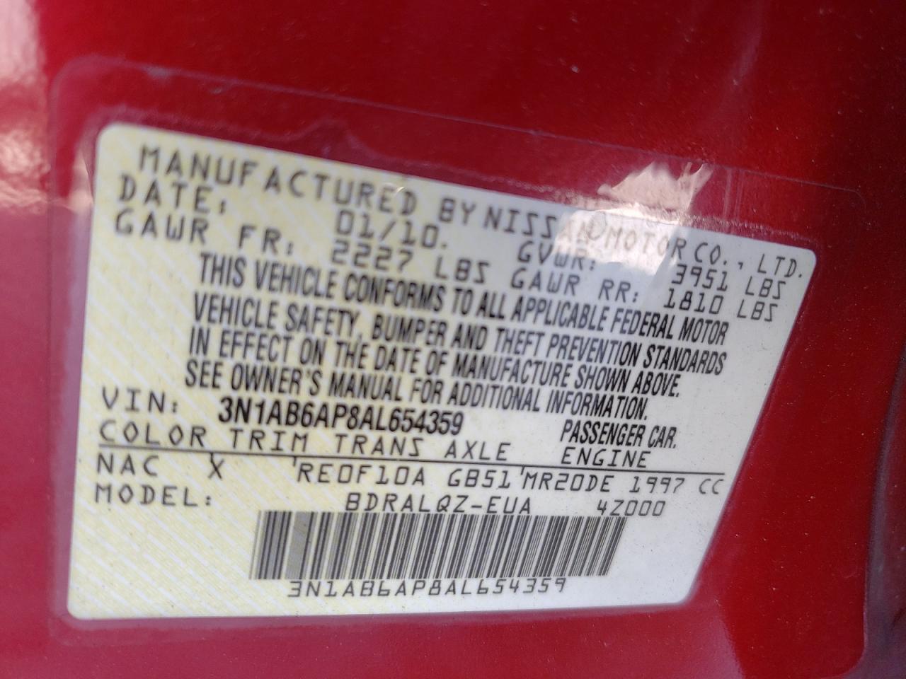 Photo 10 from auction – 2010 NISSAN SENTRA with VIN 3N1AB6AP8AL654359