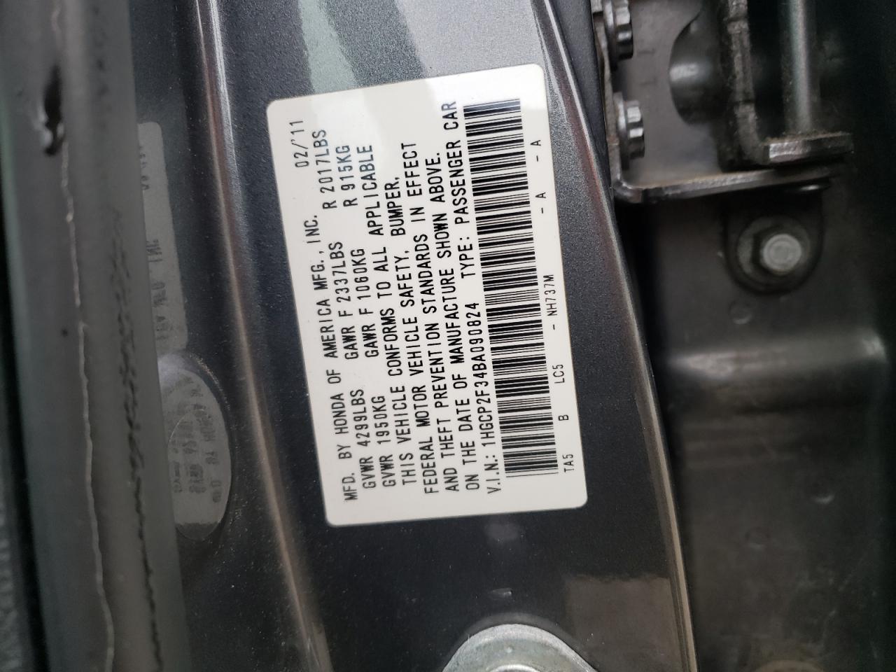 Photo 10 from auction – 2011 HONDA ACCORD LX with VIN 1HGCP2F34BA090824