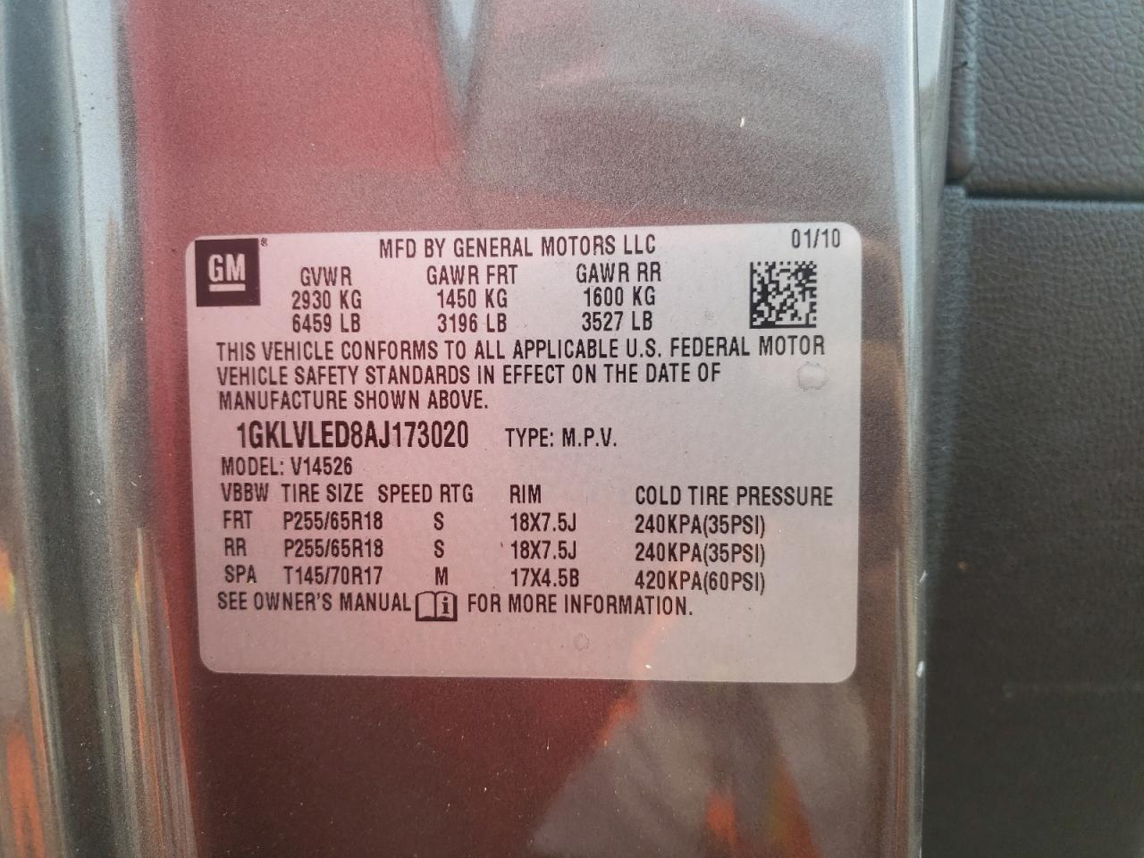 Photo 10 from auction – 2010 GMC ACADIA SLE with VIN 1GKLVLED8AJ173020