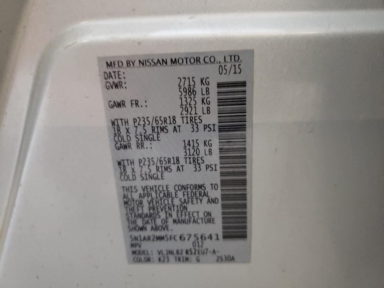 Photo 10 from auction – 2015 NISSAN PATHFINDER with VIN 5N1AR2MM5FC675641