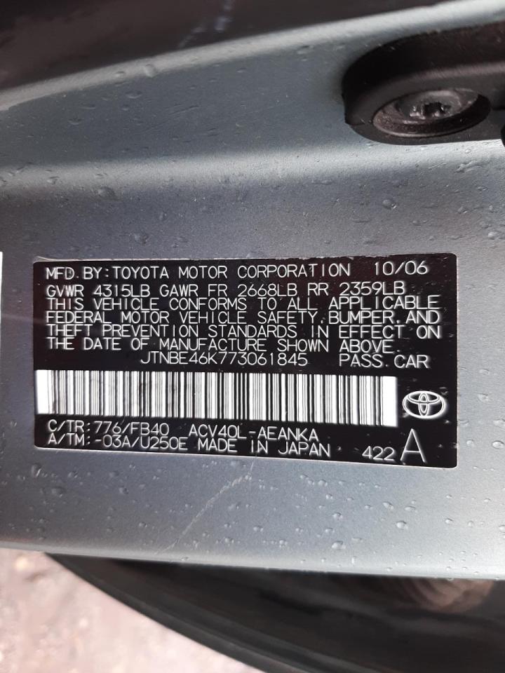Photo 10 from auction – 2007 TOYOTA CAMRY CE with VIN JTNBE46K773061845