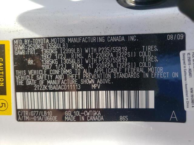 Photo 10 from auction – 2010 LEXUS RX 350 with VIN 2T2ZK1BA0AC011113