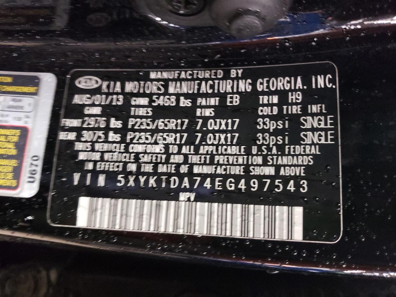 Photo 10 from auction – 2014 KIA SORENTO LX with VIN 5XYKTDA74EG497543