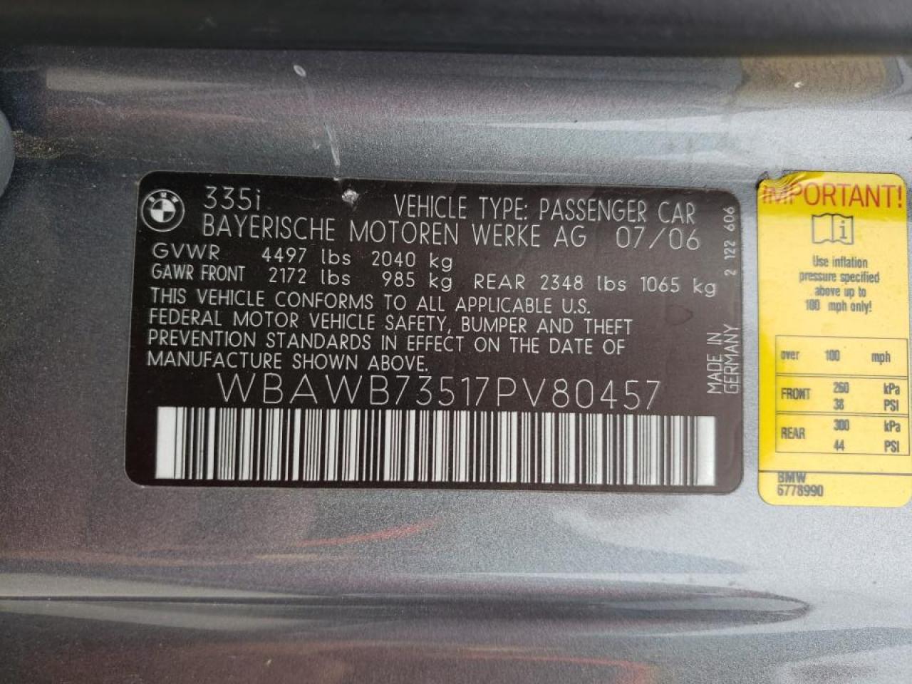 Photo 10 from auction – 2007 BMW 335 I with VIN WBAWB73517PV80457