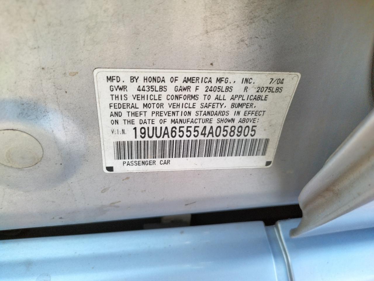 Photo 10 from auction – 2004 ACURA TL with VIN 19UUA65554A058905