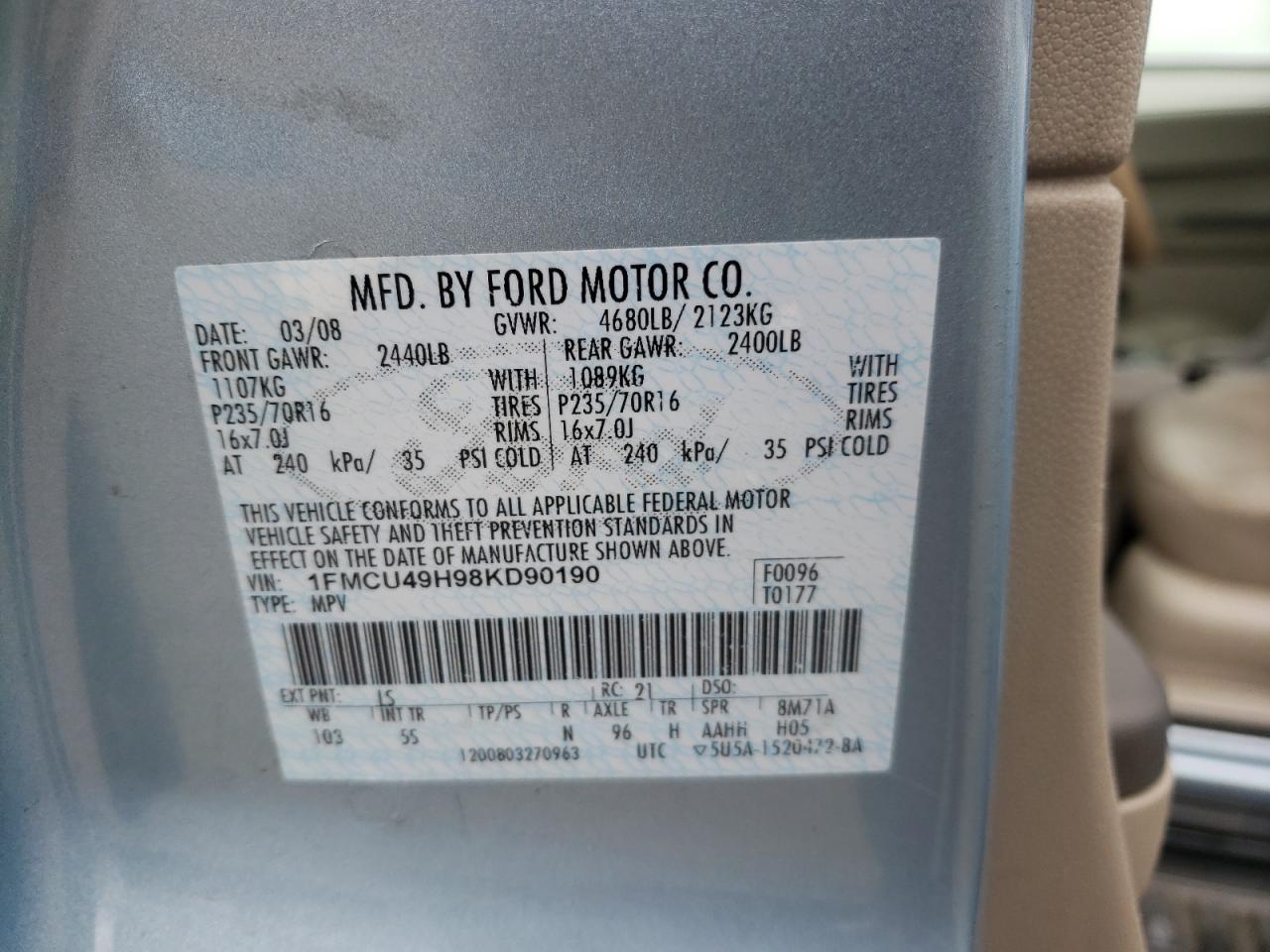 Photo 10 from auction – 2008 FORD ESCAPE HEV with VIN 1FMCU49H98KD90190