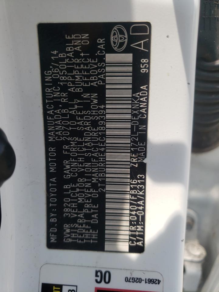Photo 10 from auction – 2014 TOYOTA COROLLA L with VIN 2T1BURHE4EC189394