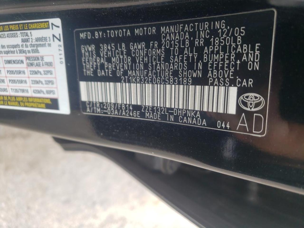 Photo 10 from auction – 2006 TOYOTA COROLLA MA with VIN 2T1KR32E06C583189