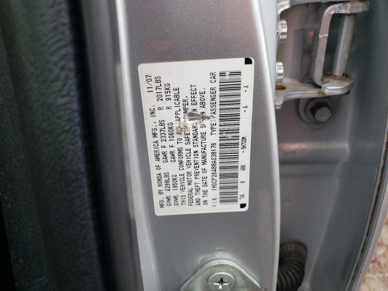 Photo 10 from auction – 2008 HONDA ACCORD with VIN 1HGCP26488A038176