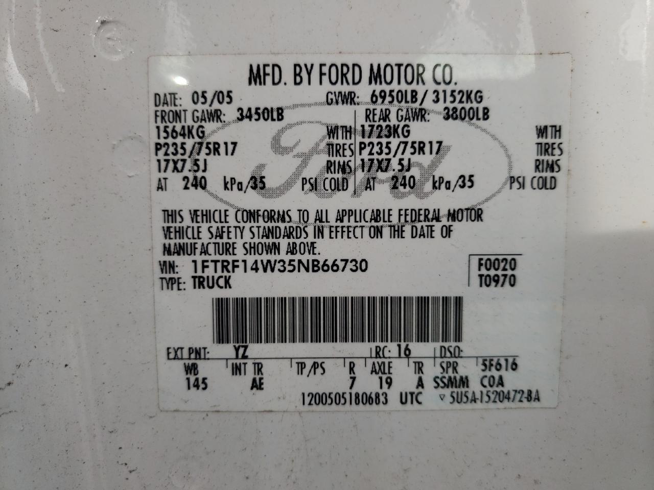 Photo 10 from auction – 2005 FORD F150 with VIN 1FTRF14W35NB66730