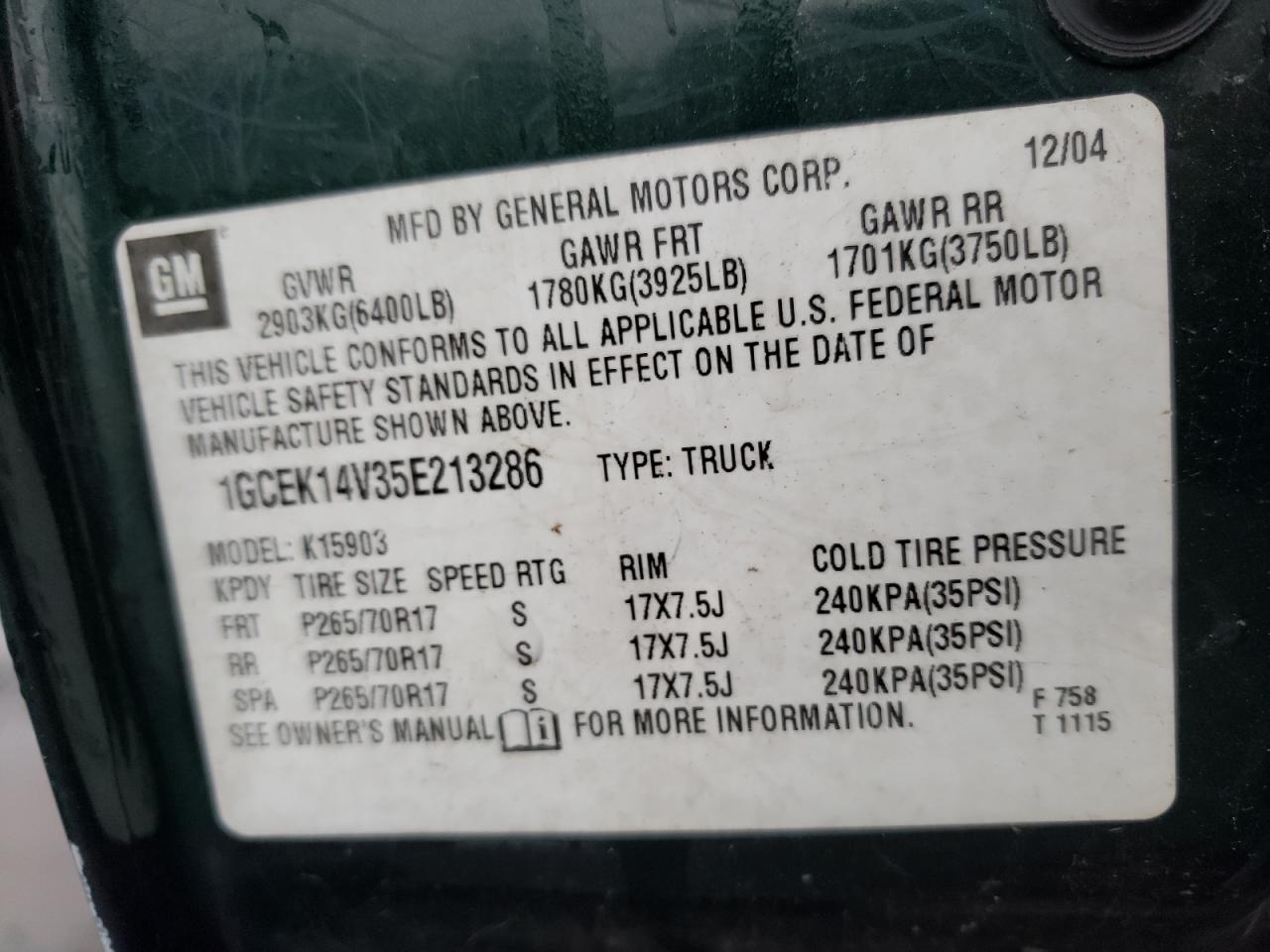 Photo 10 from auction – 2005 CHEVROLET SILVERADO with VIN 1GCEK14V35E213286