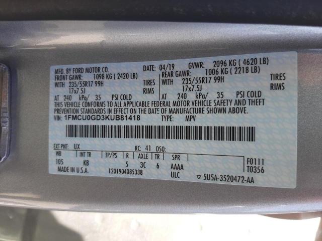Photo 10 from auction – 2019 FORD ESCAPE SE with VIN 1FMCU0GD3KUB81418