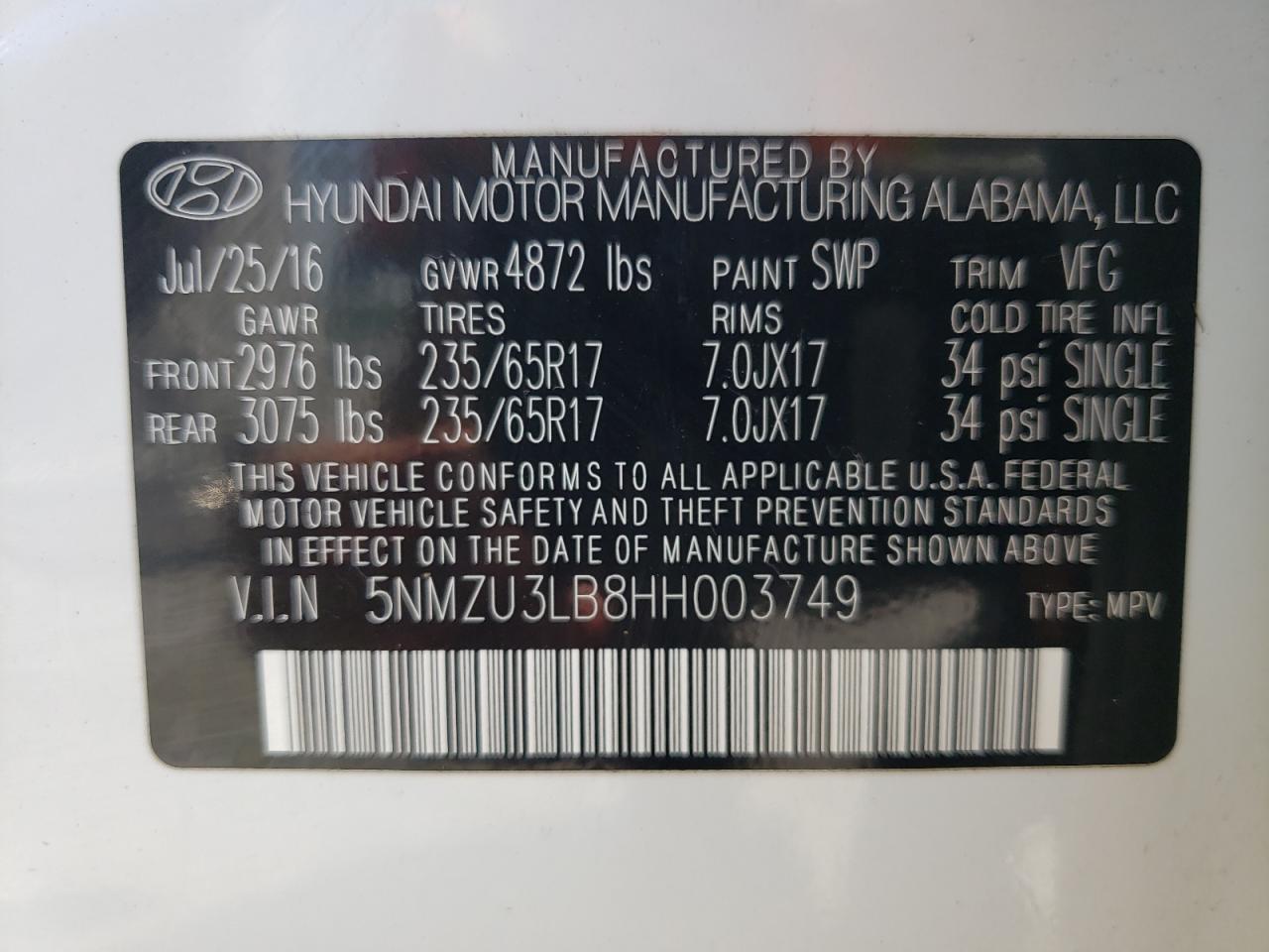 Photo 10 from auction – 2017 HYUNDAI SANTA FE S with VIN 5NMZU3LB8HH003749