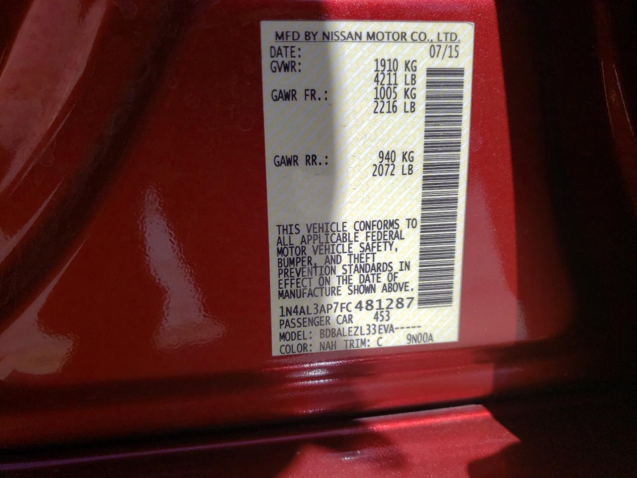 Photo 10 from auction – 2015 NISSAN ALTIMA 2.5 with VIN 1N4AL3AP7FC481287