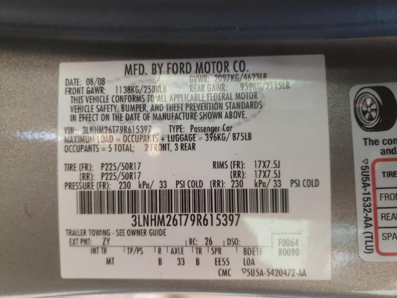 Photo 10 from auction – 2009 LINCOLN MKZ with VIN 3LNHM26T79R615397