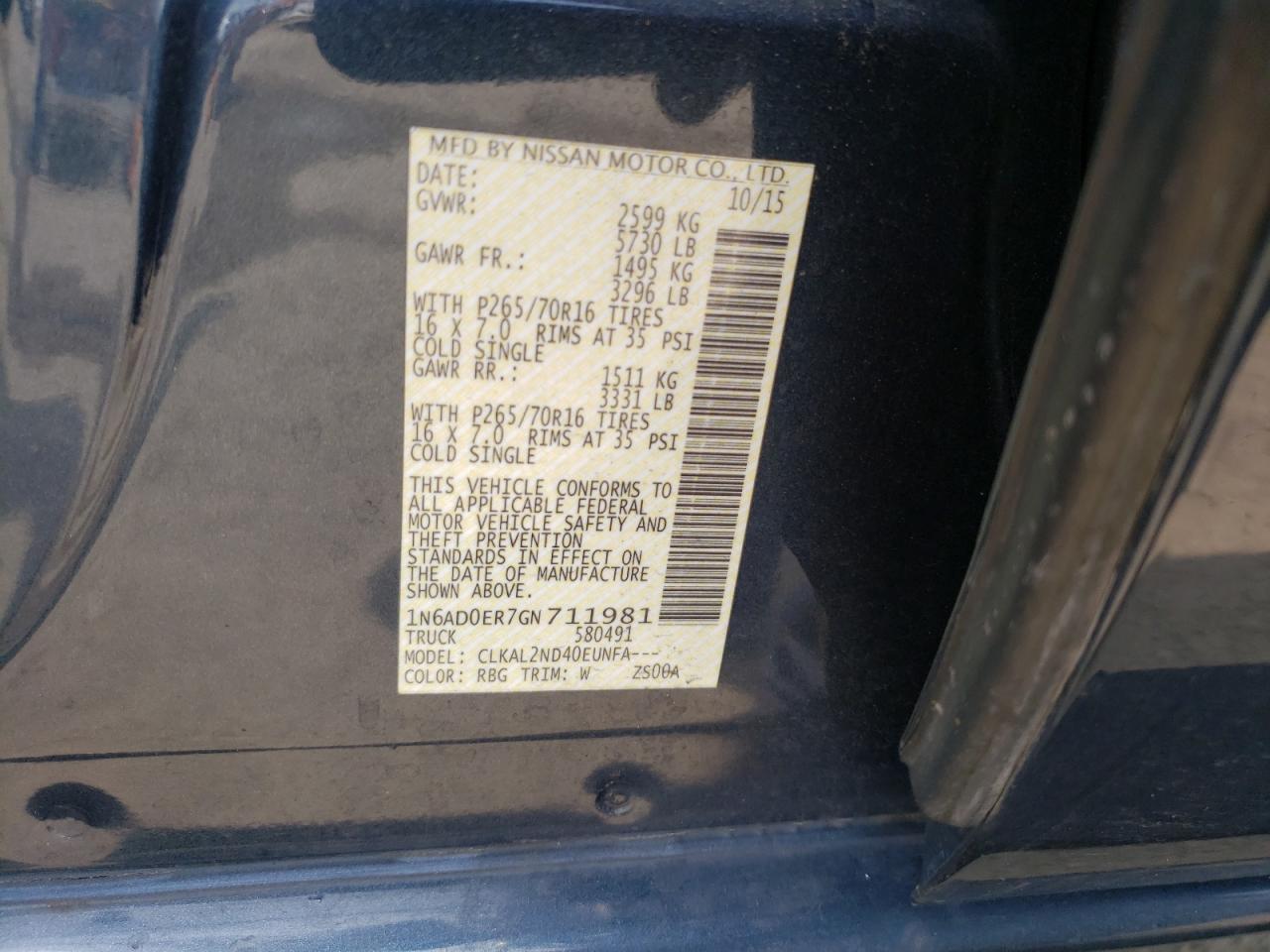 Photo 10 from auction – 2016 NISSAN FRONTIER S with VIN 1N6AD0ER7GN711981