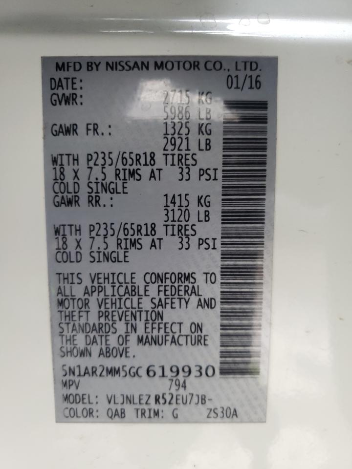 Photo 10 from auction – 2016 NISSAN PATHFINDER with VIN 5N1AR2MM5GC619930