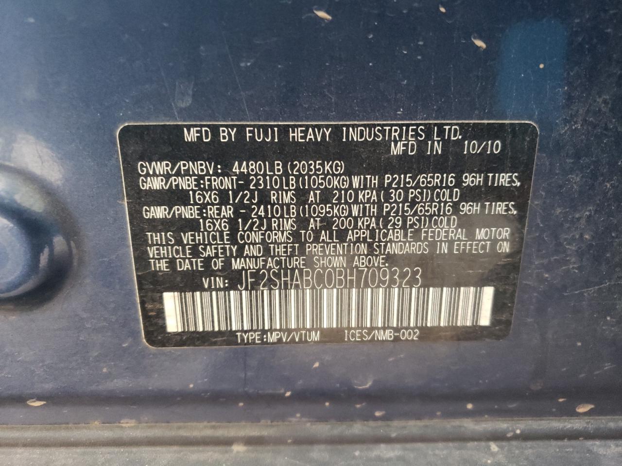 Photo 10 from auction – 2011 SUBARU FORESTER 2 with VIN JF2SHABC0BH709323