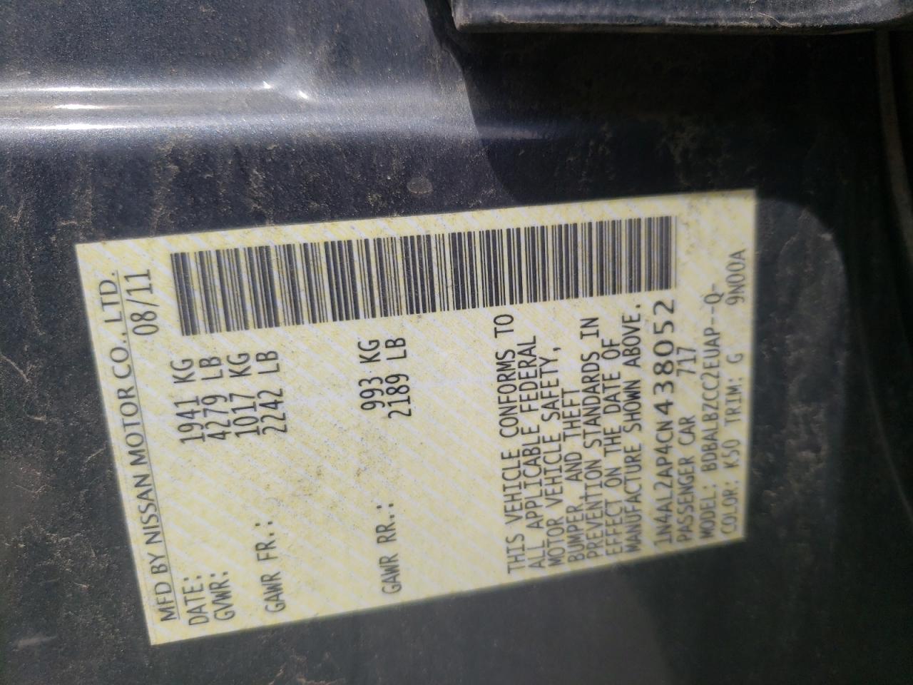 Photo 10 from auction – 2012 NISSAN ALTIMA BAS with VIN 1N4AL2AP4CN438052