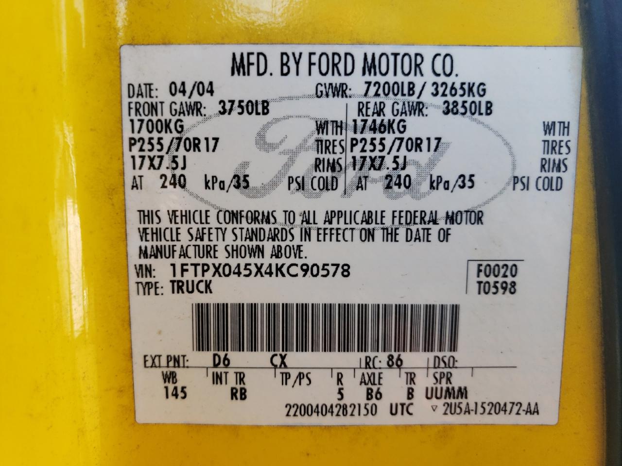 Photo 10 from auction – 2004 FORD F150 with VIN 1FTPX045X4KC90578