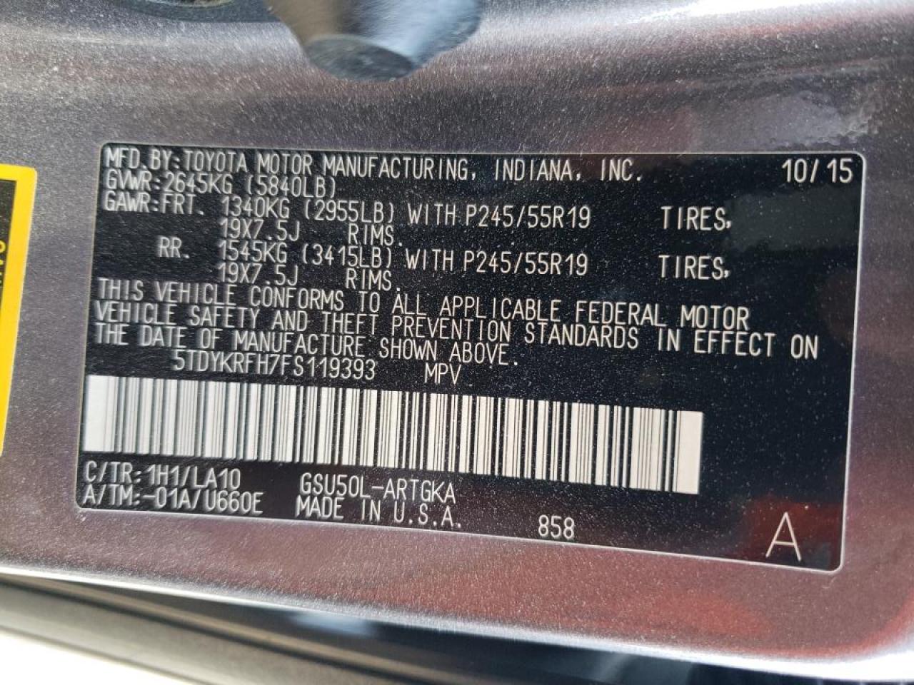 Zdjęcie 10 z aukcji – 2015 TOYOTA HIGHLANDER z VIN 5TDYKRFH7FS119393