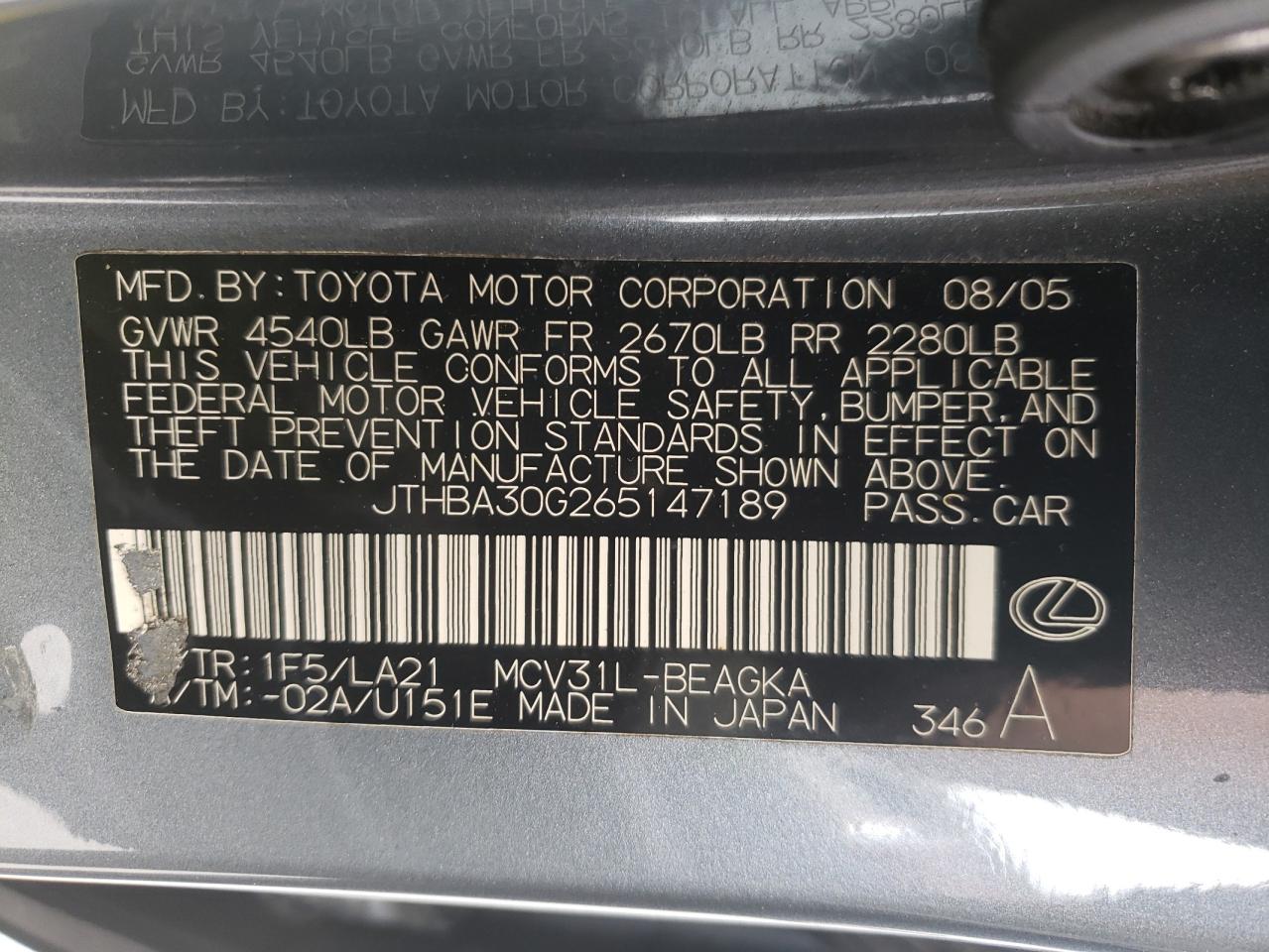 Photo 10 from auction – 2006 LEXUS ES 330 with VIN JTHBA30G265147189