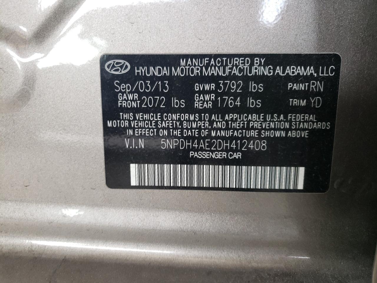Photo 10 from auction – 2013 HYUNDAI ELANTRA GL with VIN 5NPDH4AE2DH412408