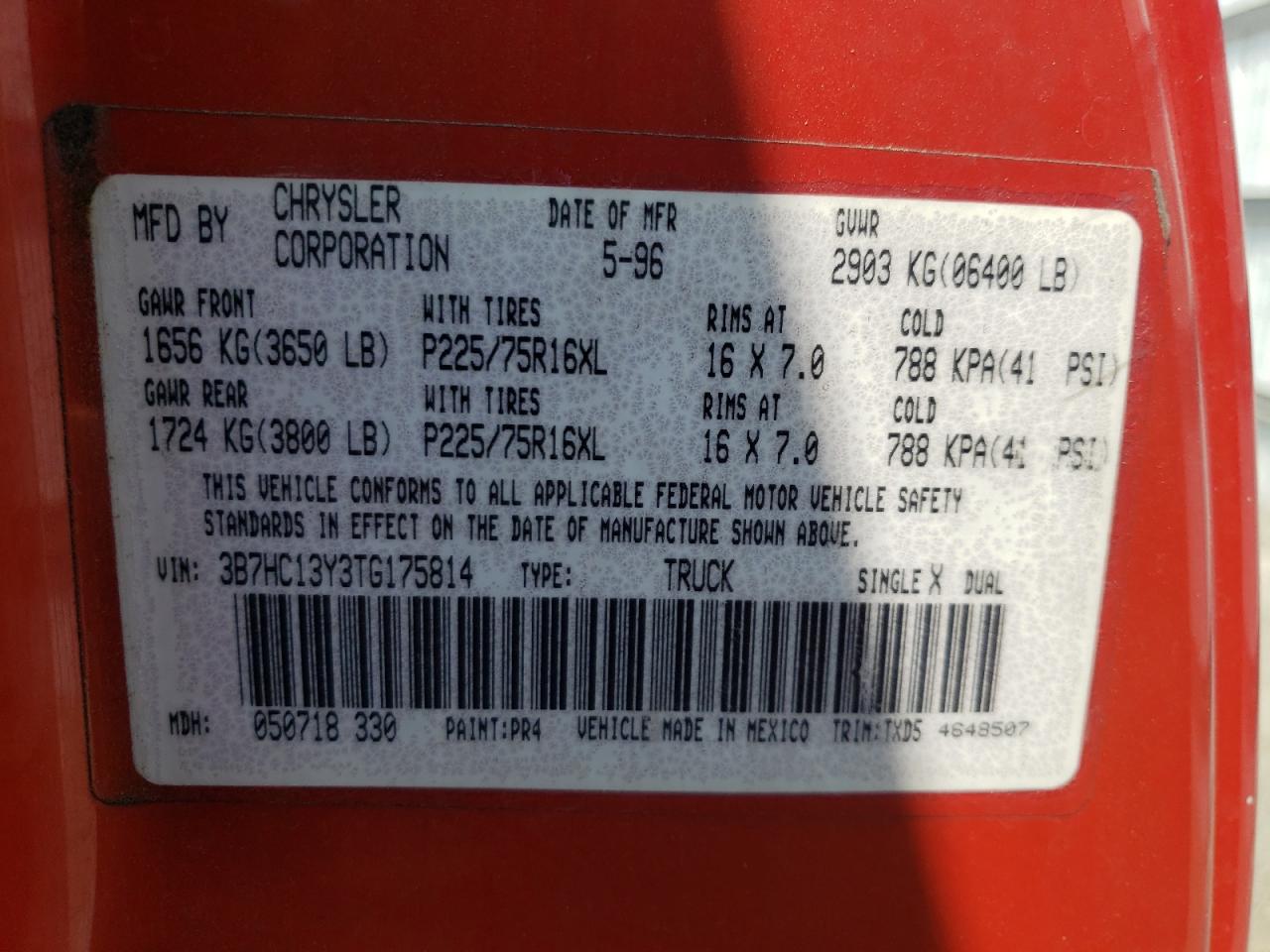 Photo 11 from auction – 1996 DODGE RAM 1500 with VIN 3B7HC13Y3TG175814
