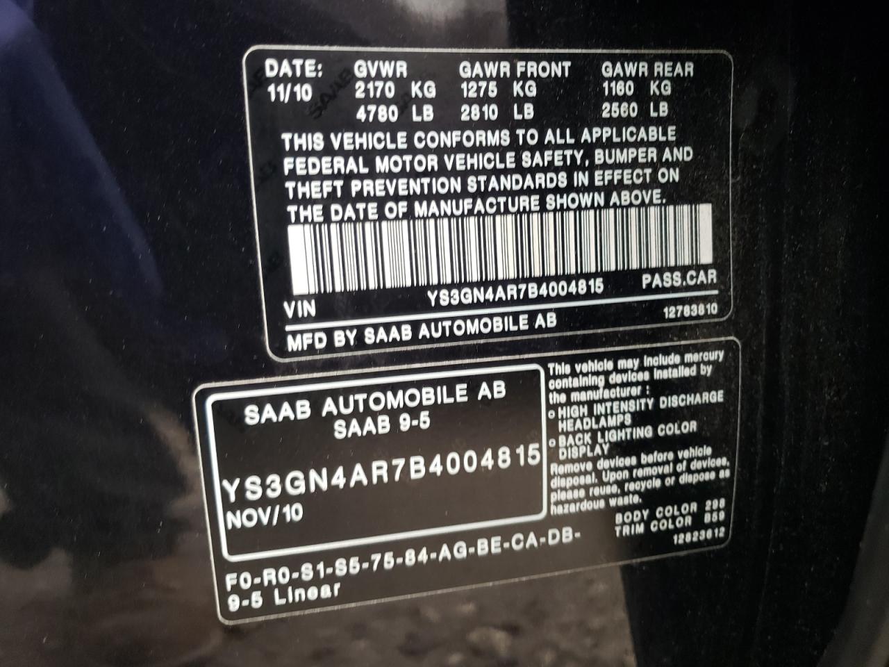 Photo 10 from auction – 2011 SAAB 9-5 with VIN YS3GN4AR7B4004815