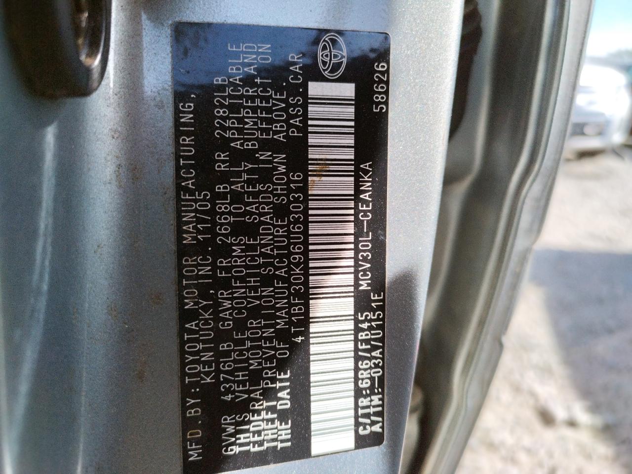 Photo 10 from auction – 2006 TOYOTA CAMRY LE with VIN 4T1BF30K96U630316