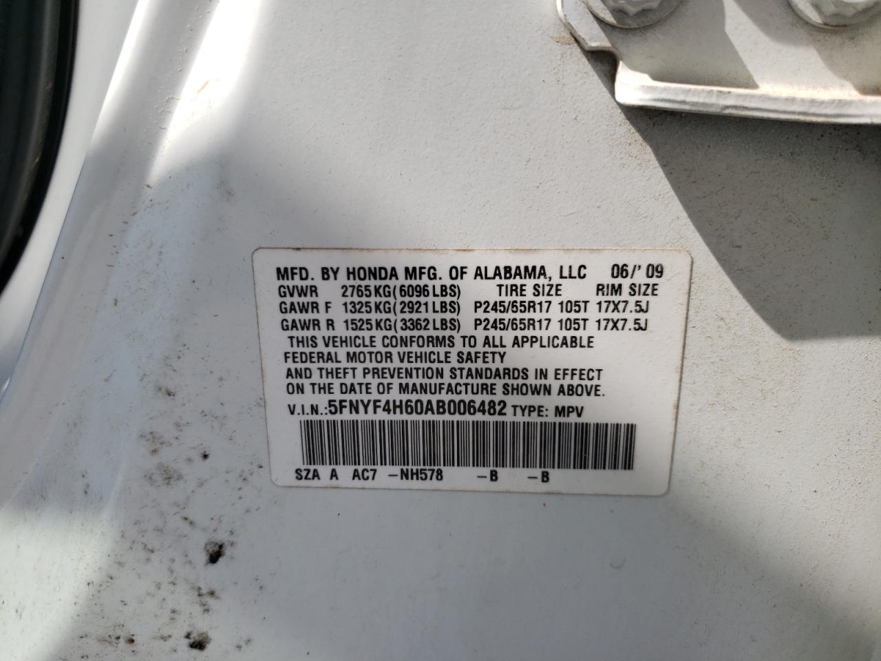 Photo 10 from auction – 2010 HONDA PILOT EXL with VIN 5FNYF4H60AB006482