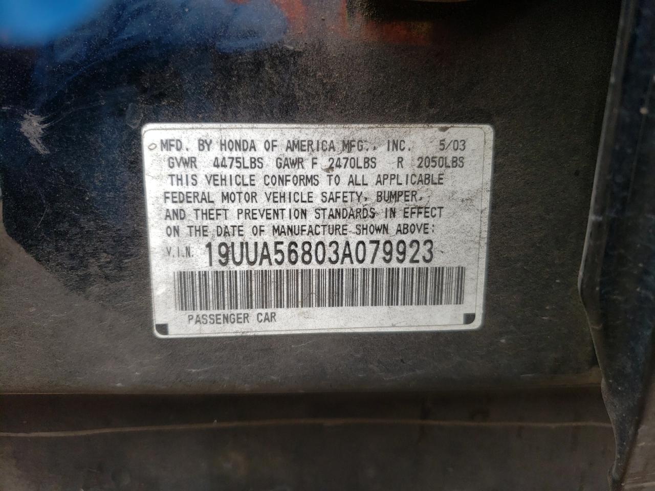 Photo 20 from auction – 2003 ACURA 3.2TL TYPE with VIN 19UUA56803A079923