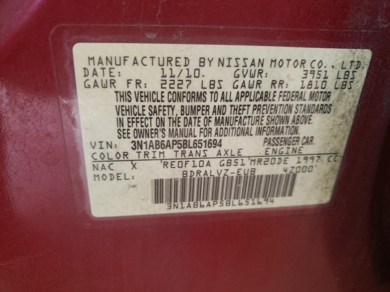 Photo 10 from auction – 2011 NISSAN SENTRA 2.0 with VIN 3N1AB6AP5BL651694