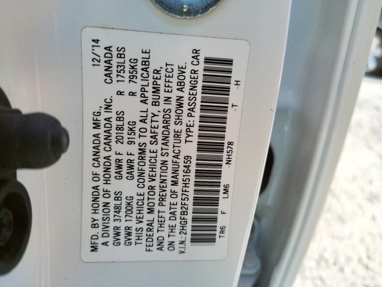 Photo 10 from auction – 2015 HONDA CIVIC LX with VIN 2HGFB2F57FH516459