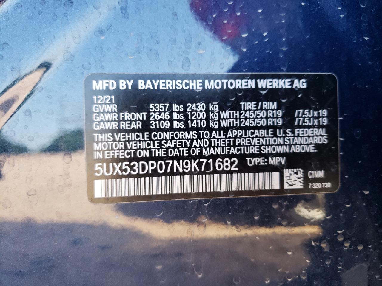 Photo 10 from auction – 2022 BMW X3 XDRIVE3 with VIN 5UX53DP07N9K71682