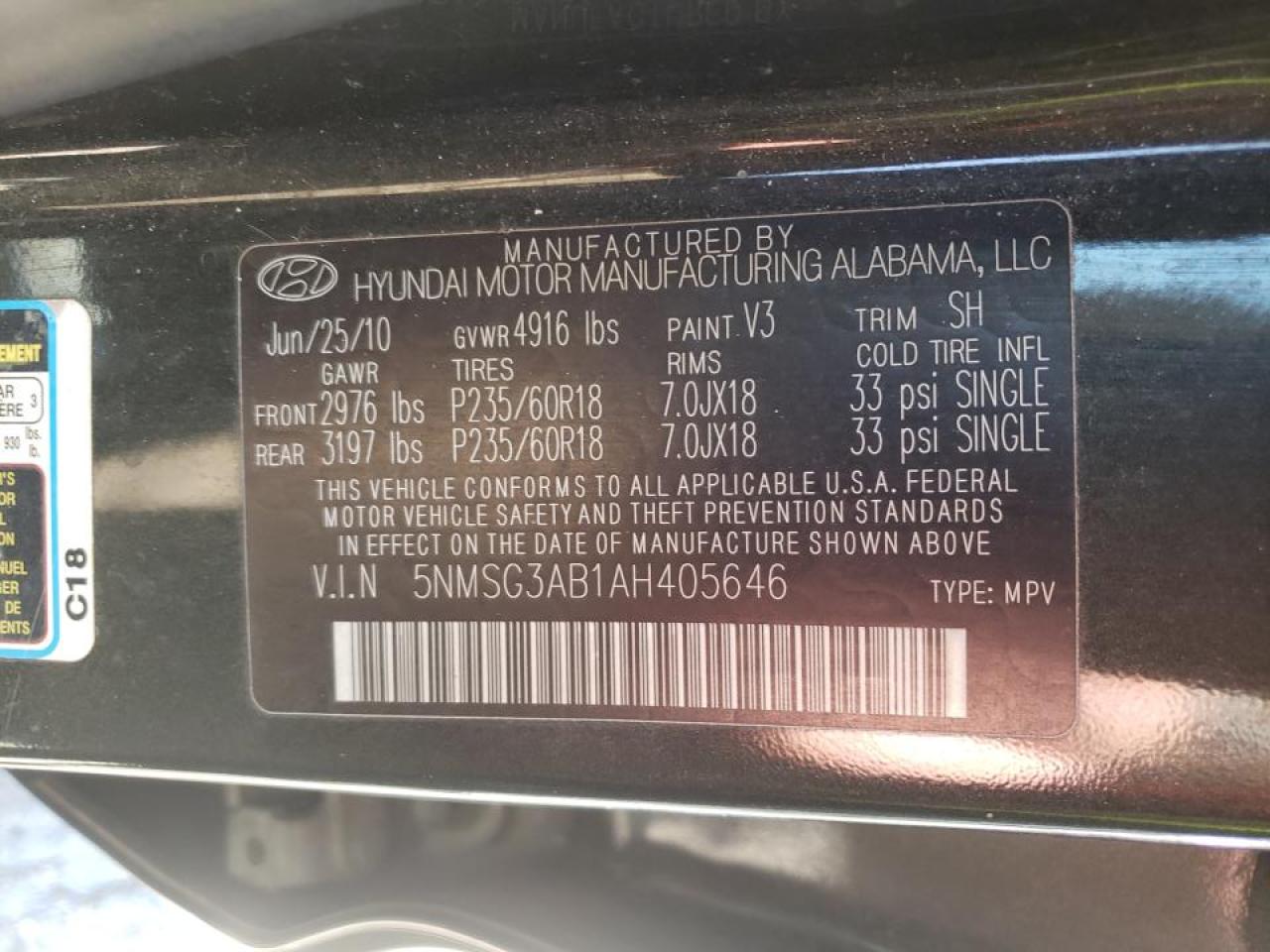 Photo 10 from auction – 2010 HYUNDAI SANTA FE G with VIN 5NMSG3AB1AH405646