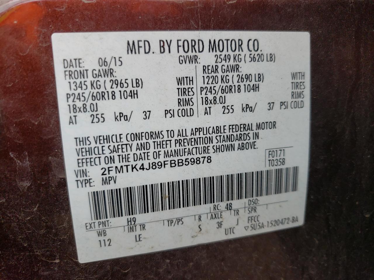 Photo 10 from auction – 2015 FORD EDGE SEL with VIN 2FMTK4J89FBB59878