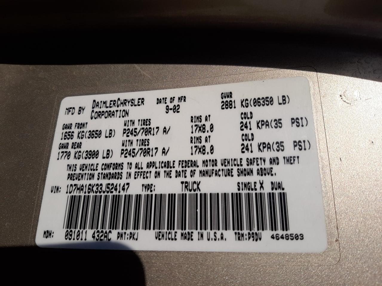 Photo 10 from auction – 2003 DODGE RAM 1500 S with VIN 1D7HA16K33J524147