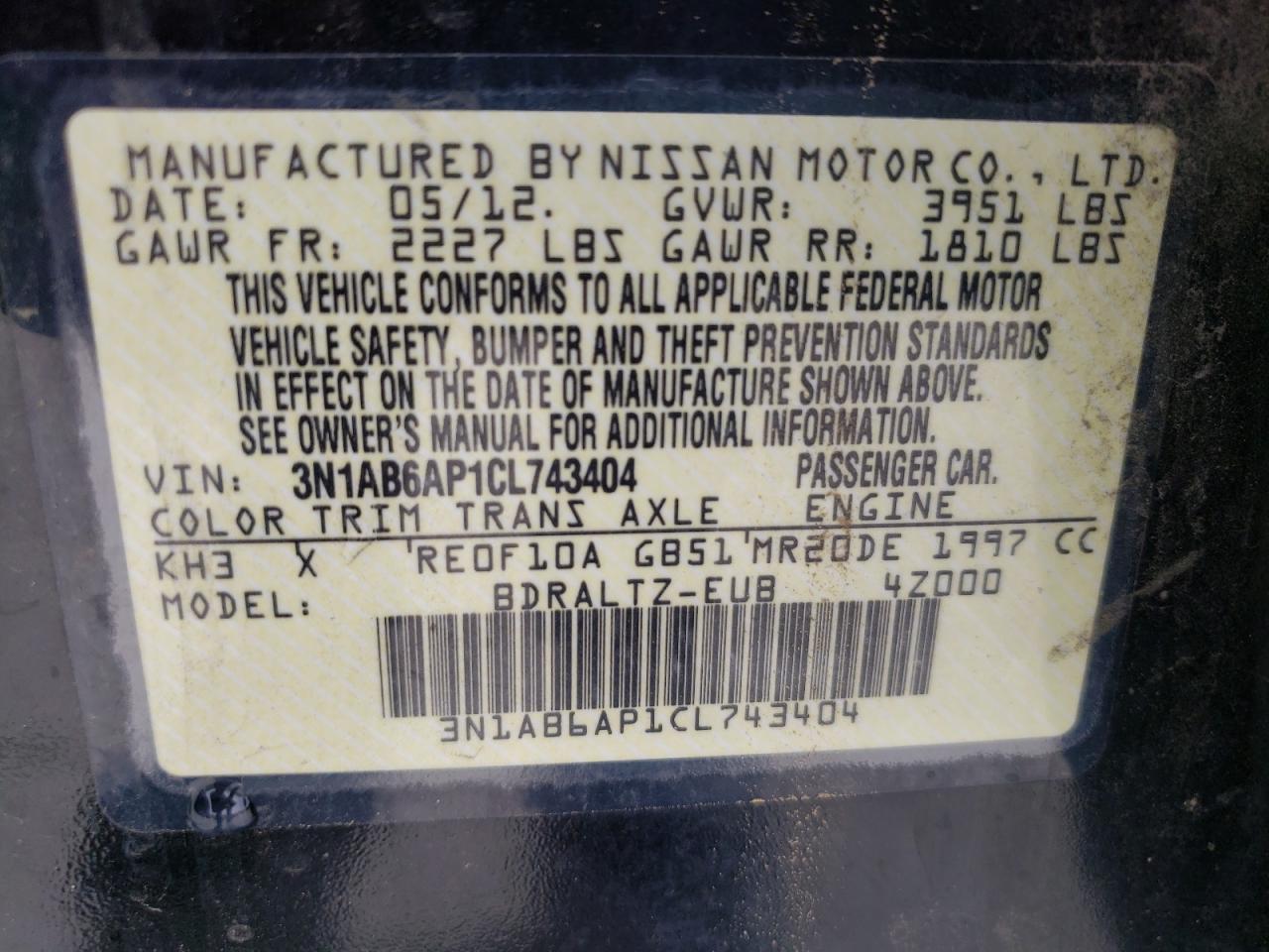 Photo 10 from auction – 2012 NISSAN SENTRA 2.0 with VIN 3N1AB6AP1CL743404