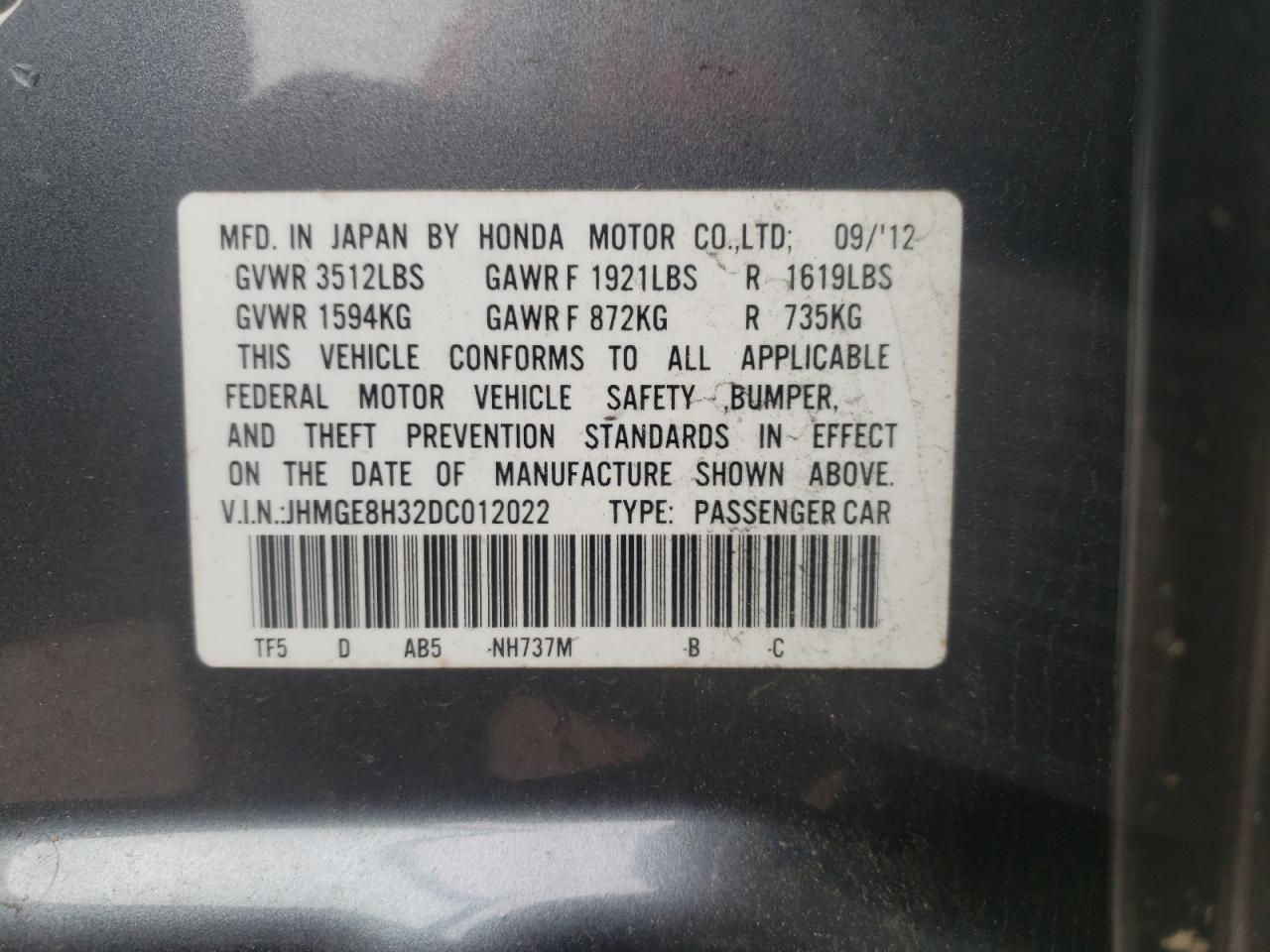 Photo 20 from auction – 2013 HONDA FIT with VIN JHMGE8H32DC012022
