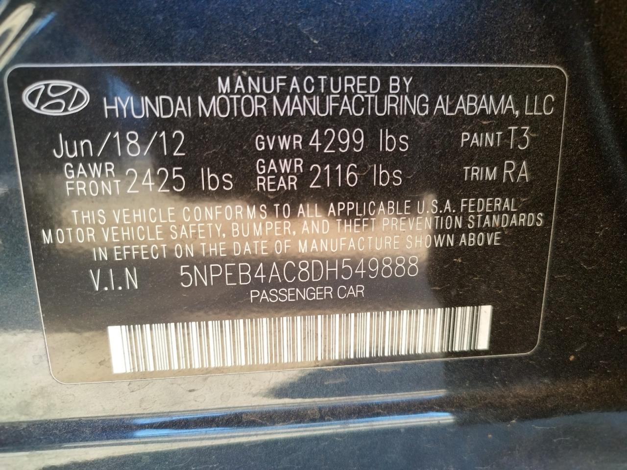 Photo 10 from auction – 2013 HYUNDAI SONATA GLS with VIN 5NPEB4AC8DH549888