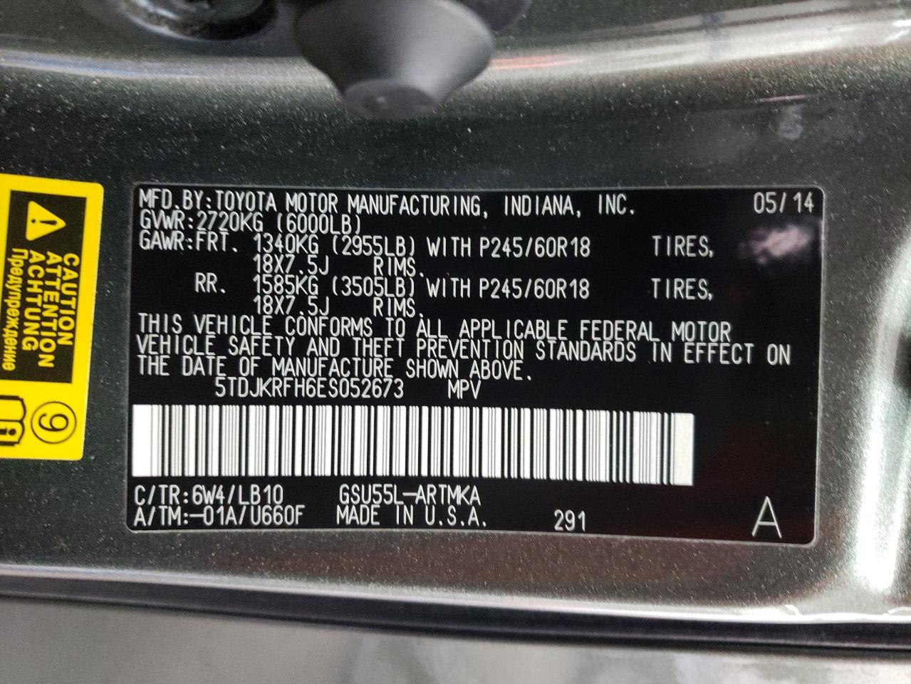 Foto 10 de la subasta – 2014 TOYOTA HIGHLANDER con VIN 5TDJKRFH6ES052673
