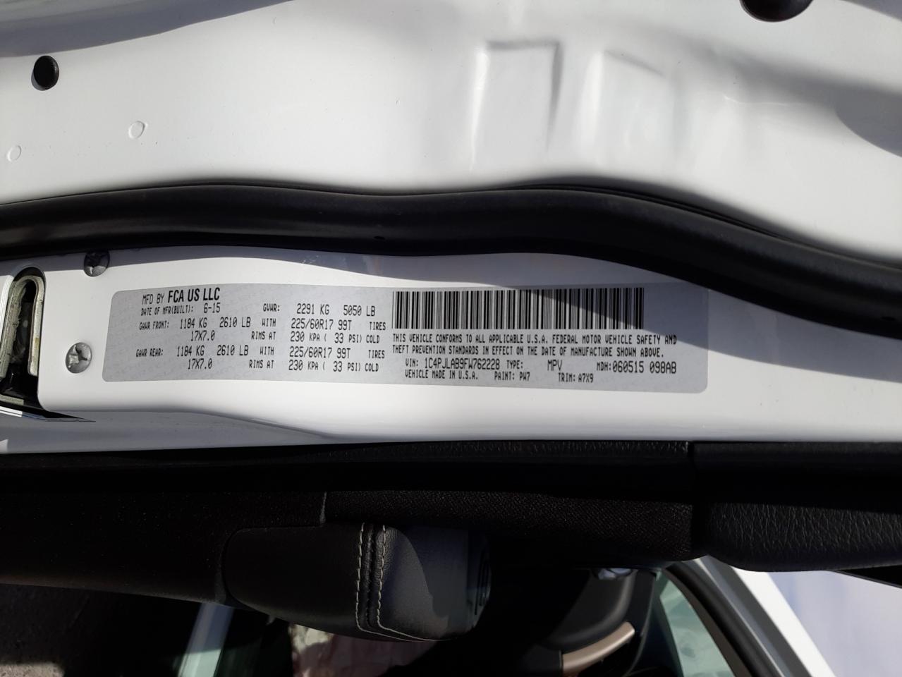 Photo 10 from auction – 2015 JEEP CHEROKEE S with VIN 1C4PJLAB9FW762228
