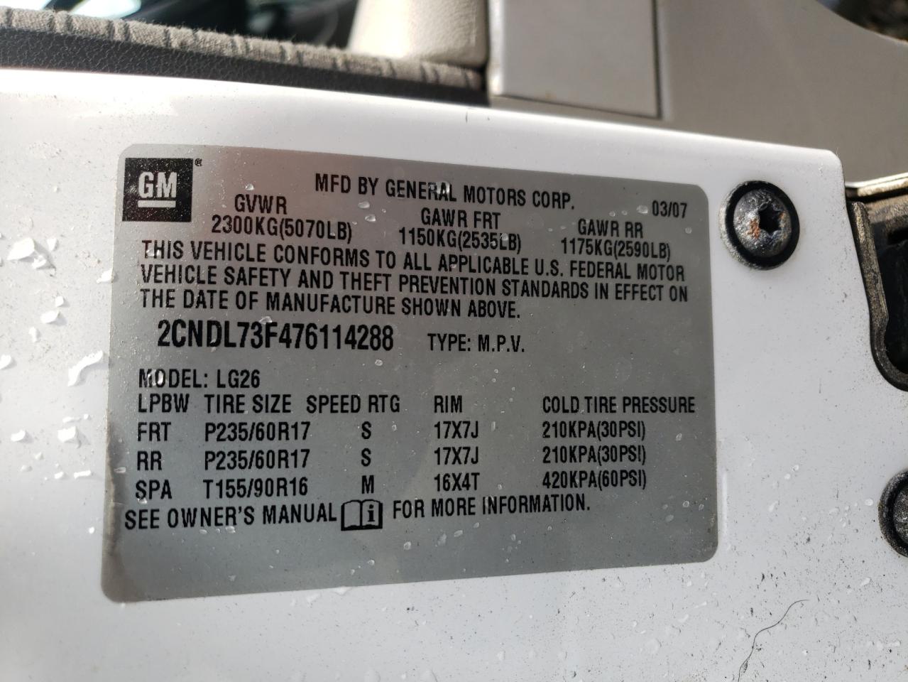Photo 10 from auction – 2007 CHEVROLET EQUINOX LT with VIN 2CNDL73F476114288