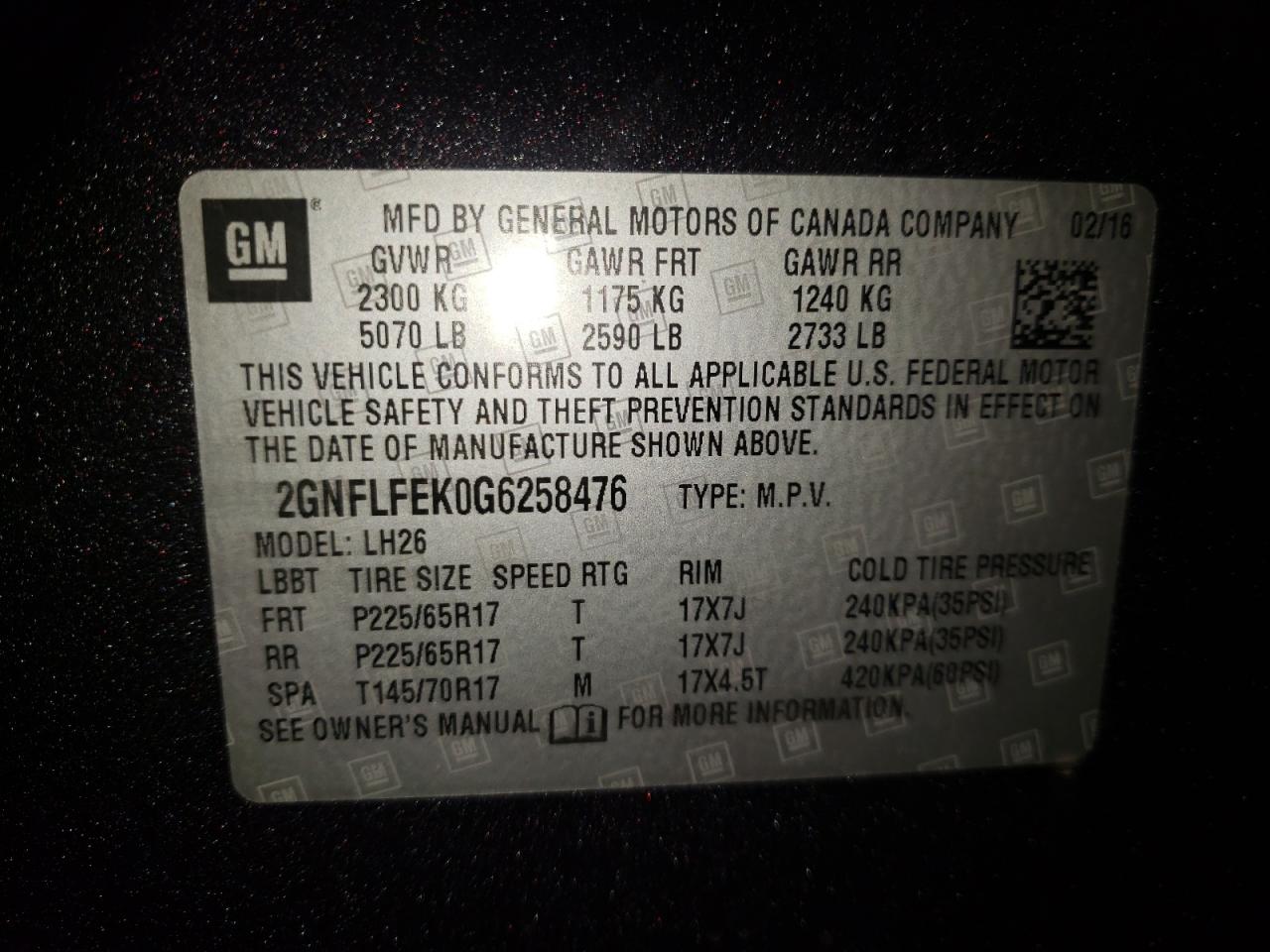 Photo 10 from auction – 2016 CHEVROLET EQUINOX LT with VIN 2GNFLFEK0G6258476