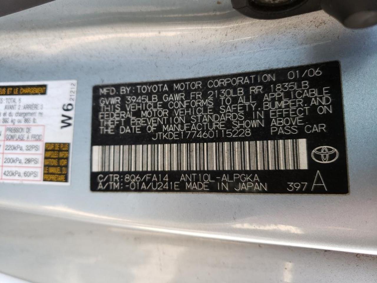 Photo 10 from auction – 2006 TOYOTA SCION TC with VIN JTKDE177460115228