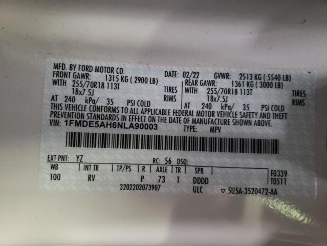 Photo 10 from auction – 2022 FORD BRONCO BAS with VIN 1FMDE5AH6NLA90003
