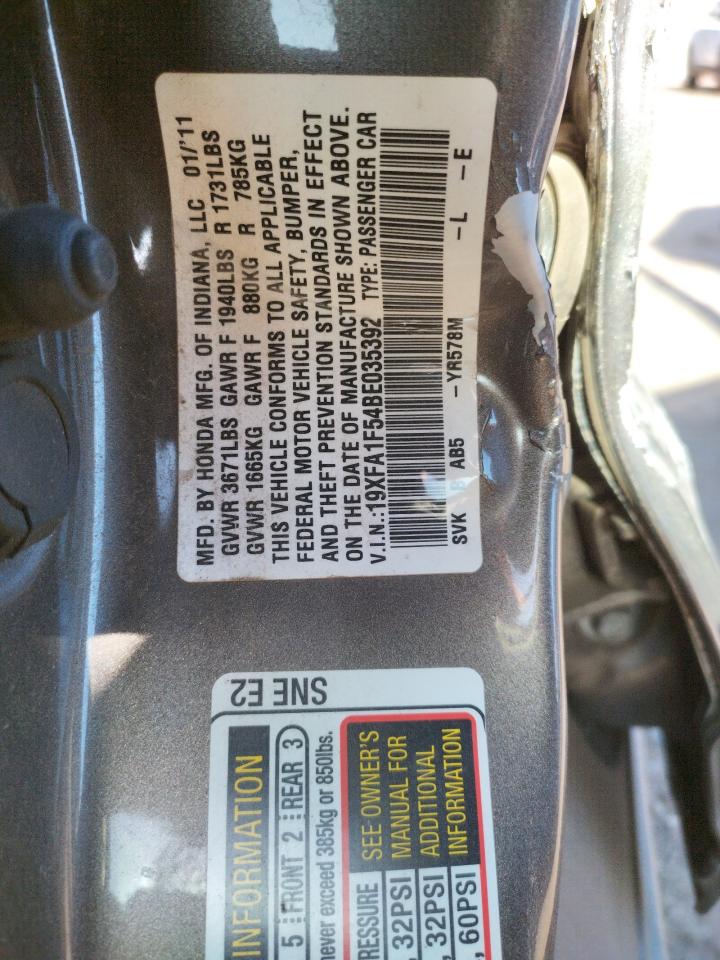 Photo 10 from auction – 2011 HONDA CIVIC LX with VIN 19XFA1F54BE035392