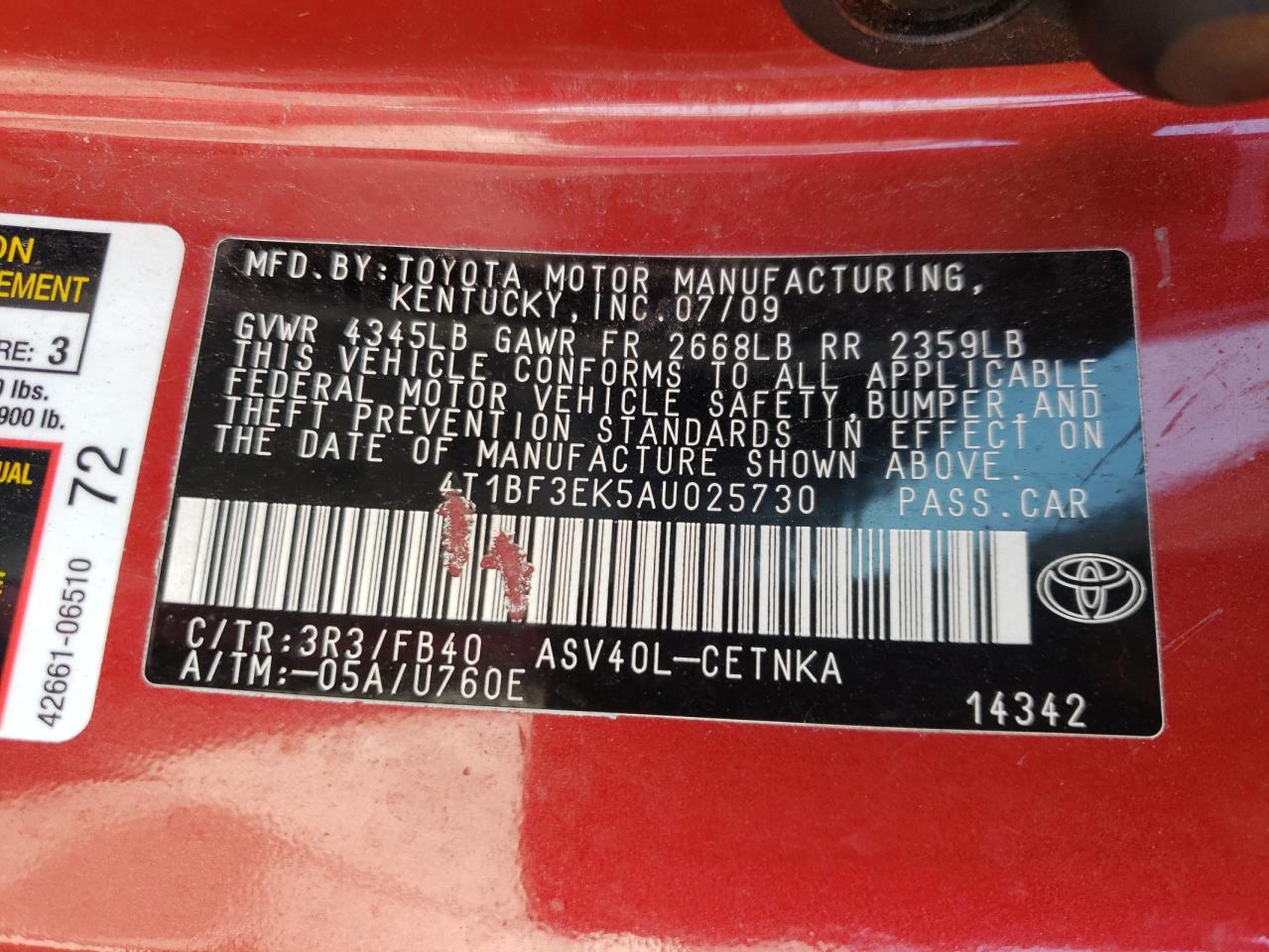 Photo 10 from auction – 2010 TOYOTA CAMRY BASE with VIN 4T1BF3EK5AU025730